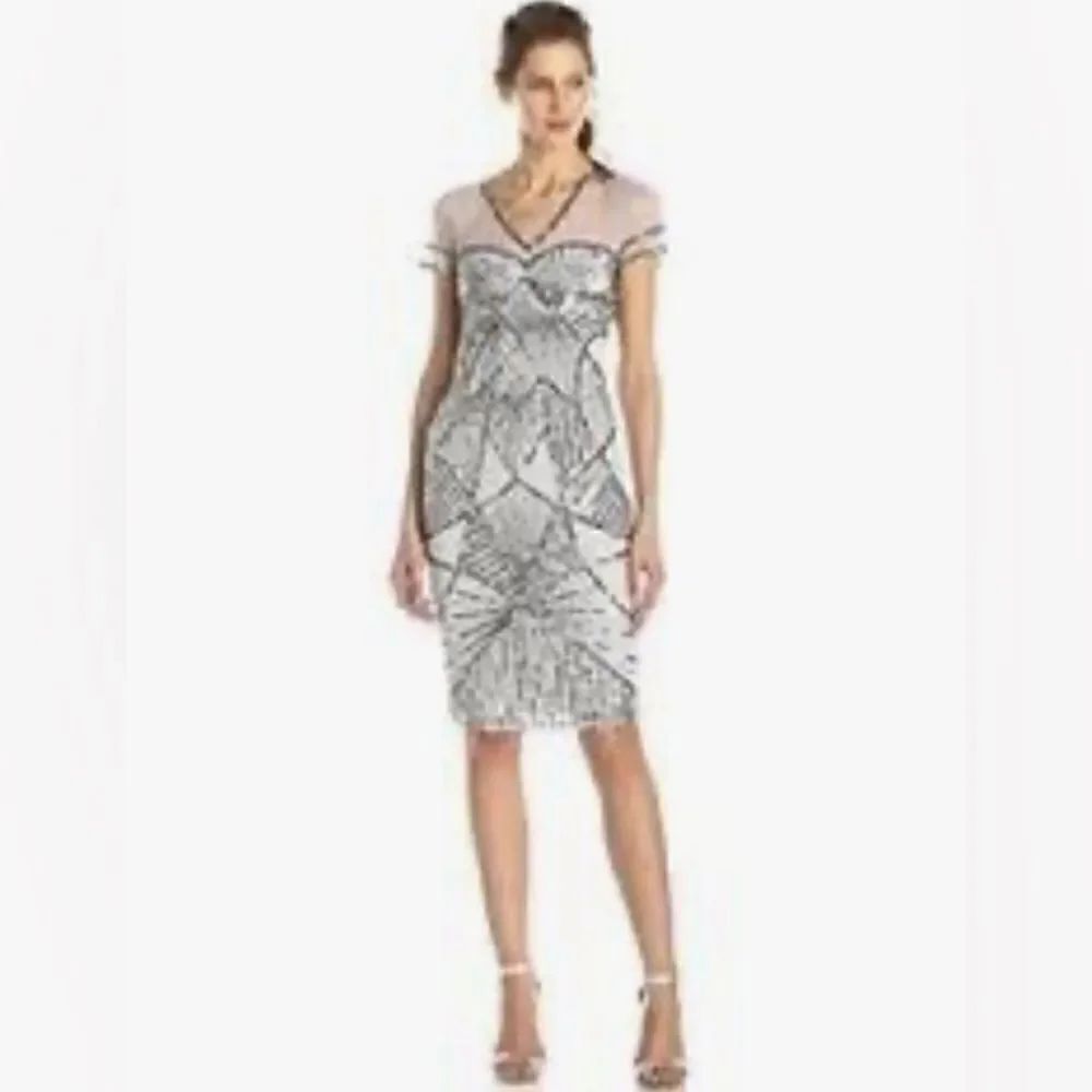 JS Collection V Neck Cap Sleeve Mesh And Embellished Cocktail Dress